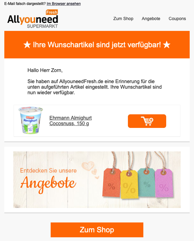 Back in Stock Mails: Beispiel AllyouneedFresh