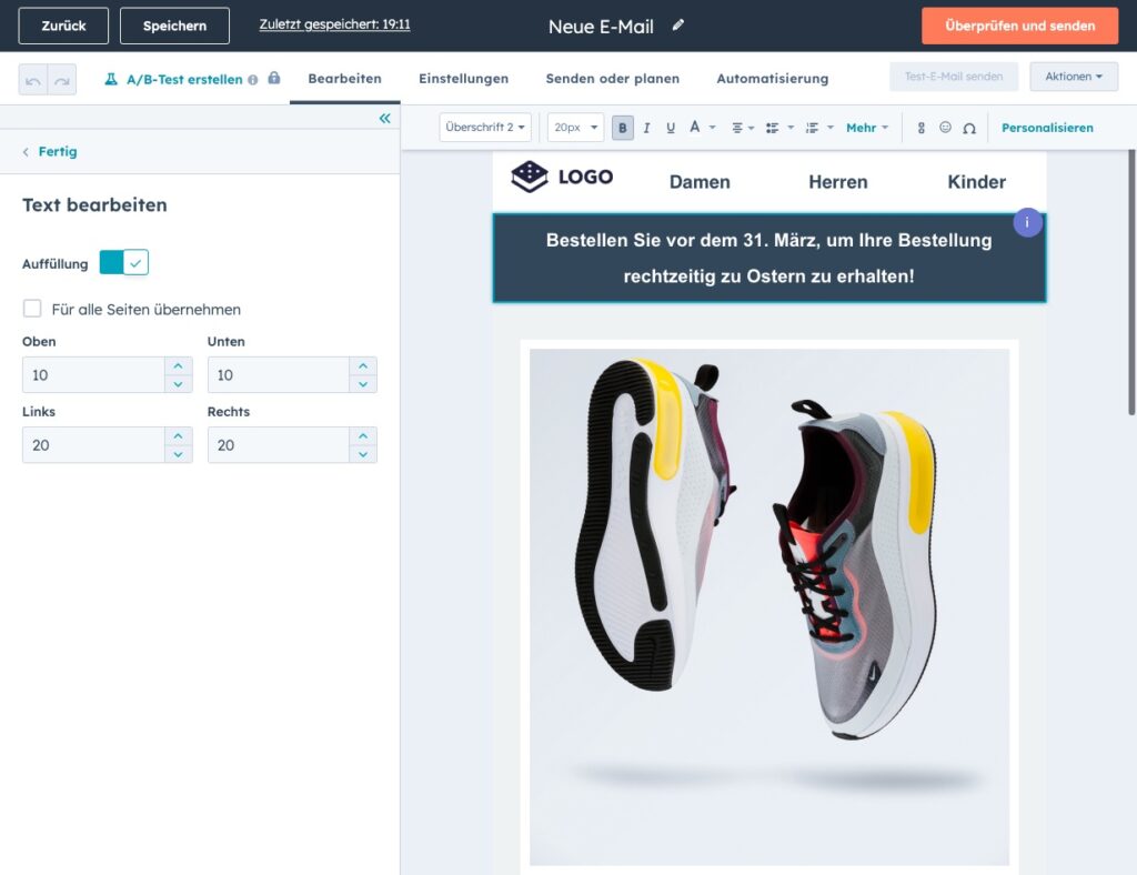 Screenshot: Der E-Mail Editor im Test