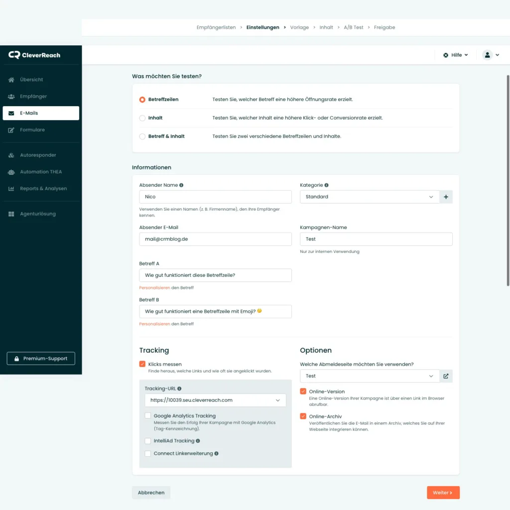 Cleverreach: Ab-Test Funktion (Screenshot)