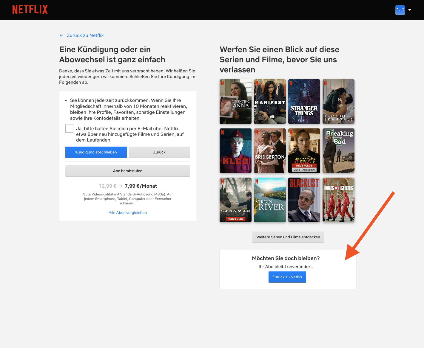 Screenshot: Kündigungsprozess von Netflix 