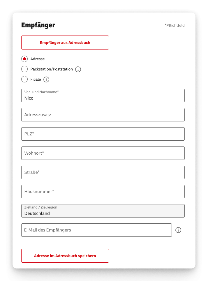 Screenshot: Formular zur Adresseingabe auf der Website von DHL.